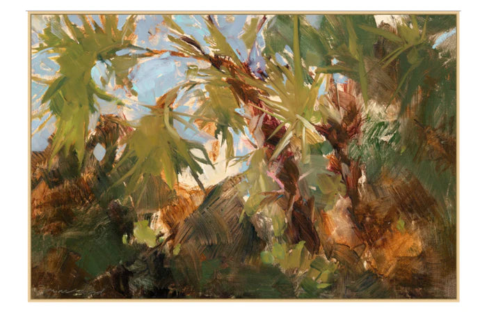 An oil painting depicting a vibrant tropical scene with a dense canopy of palm fronds and a bright cerulean sky in the background.
